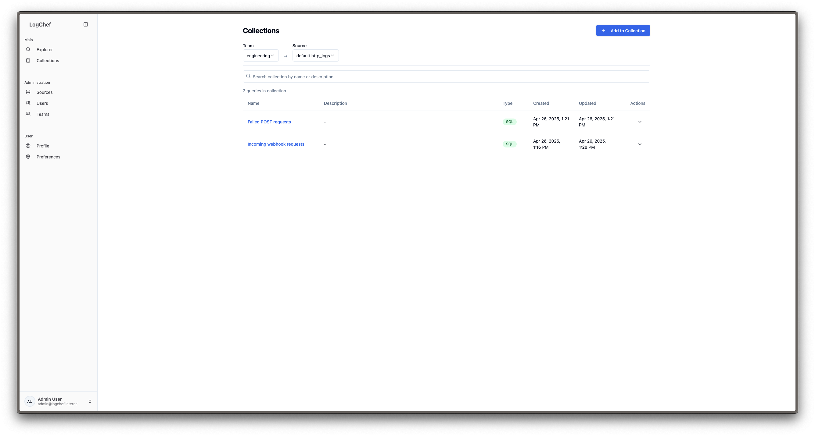 Logchef Collections View