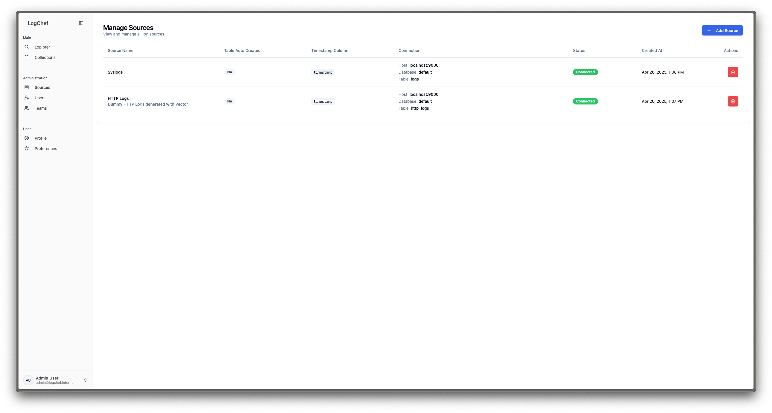 Logchef Source Settings View