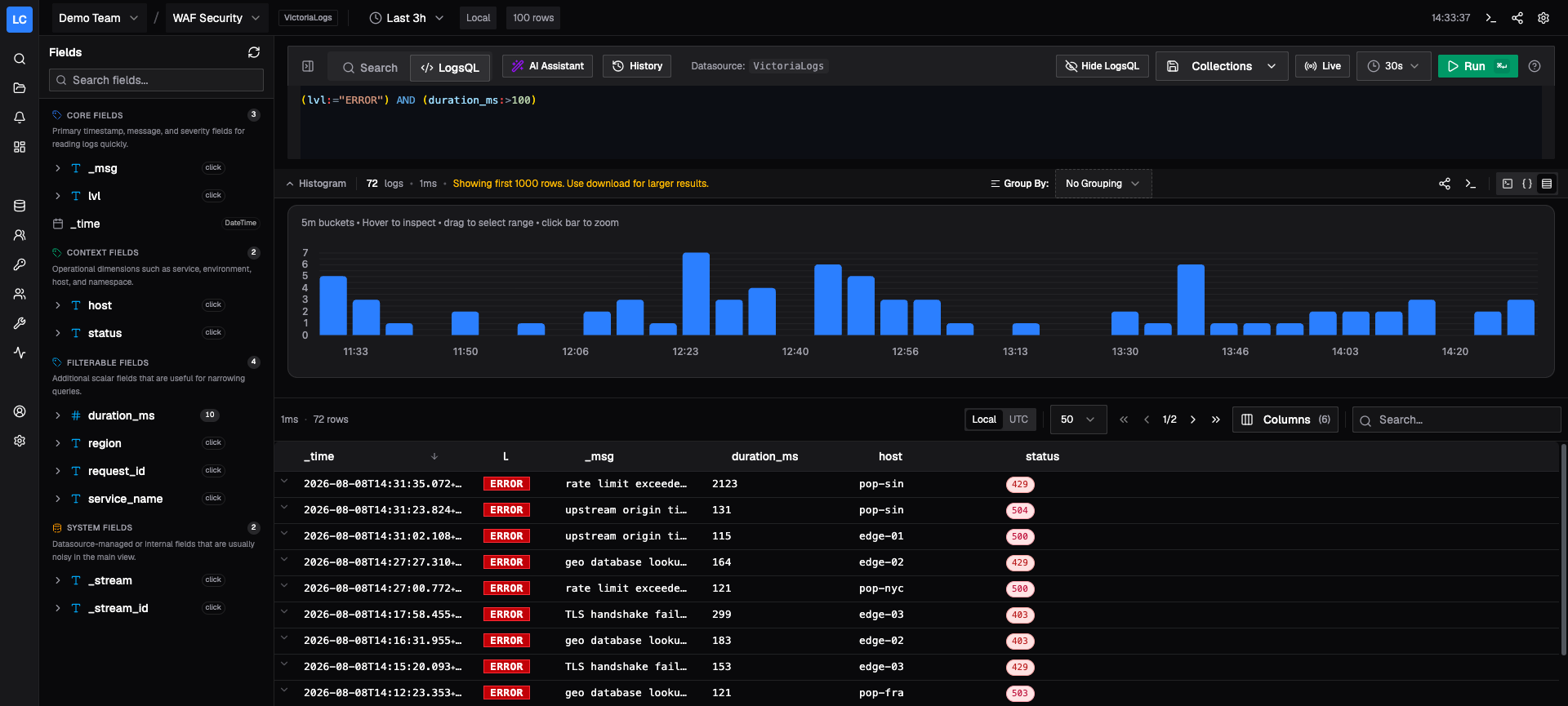 Logchef running a native LogsQL query against VictoriaLogs